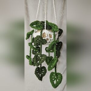 Handcrafted Crocheted Hanging String Of Hearts Leaf Planter